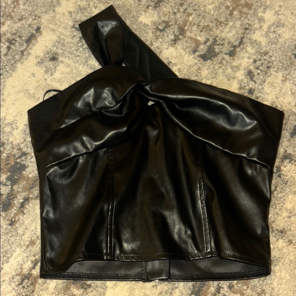 Black Faux Leather One-Shoulder Top